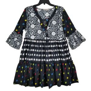 Dress‎ Addict Women Cotton Mixed Print Floral Tiered Mini Dress Black Sz L Boho